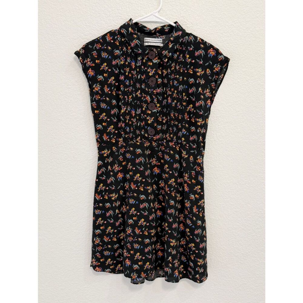 Urban Outfitters Floral Pintuck‎ Mini Dress Black Rayon Peter Pan Collar Medium